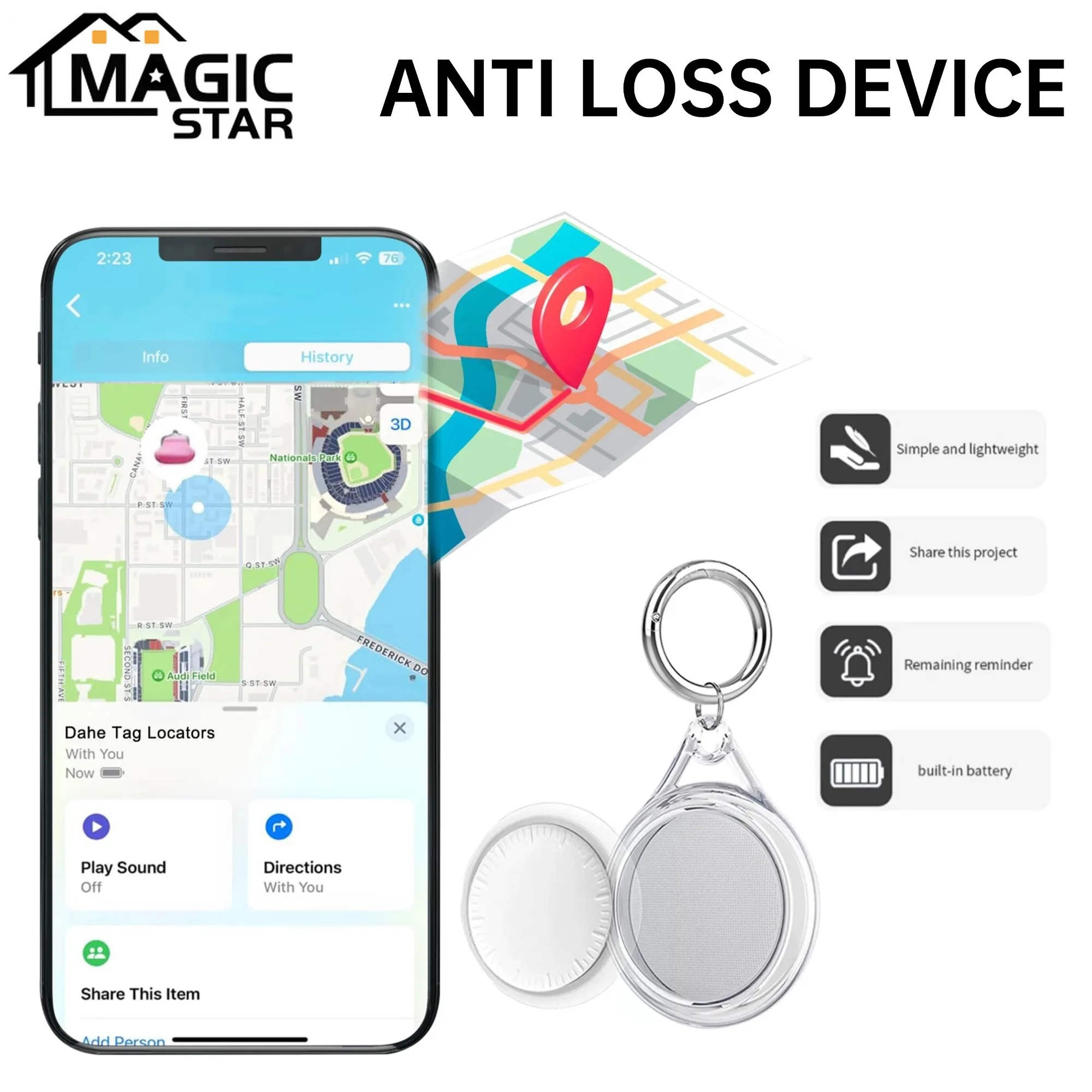 Luggage Tracker (iOS Only) Anti-lost Device, GPS Locator Pet Key Tracker, Protective Case with Keychain, for Luggage, Dog Collar