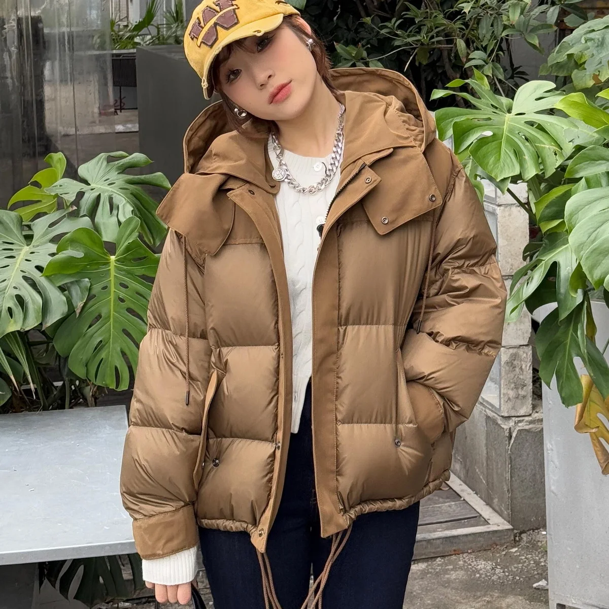 Warmth Seeker Little Sun Winter Aosphere 90 White Du down Patchwork Afneembare capuchon Jaet Faion-jas voor dames