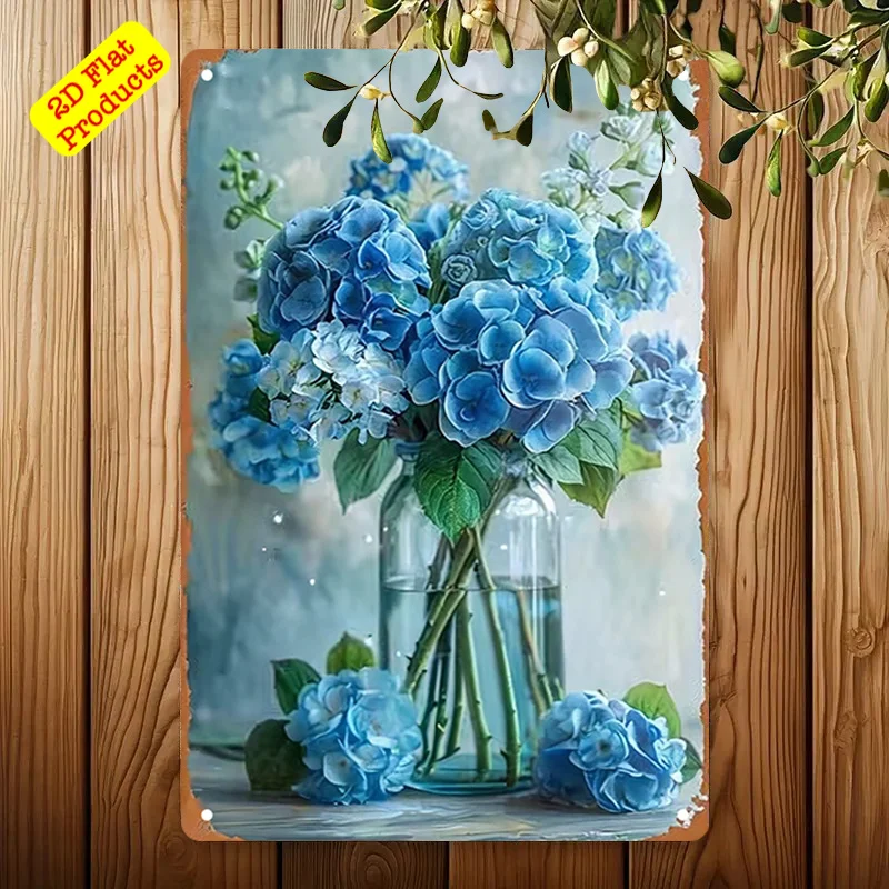 2D Flat, 2D Flat 1pc Rustic Vase Plate Signs, Interesting Plate Signs - Blue Hydrangea Wall Art Decor, Tranquil Scene Poster, Ar