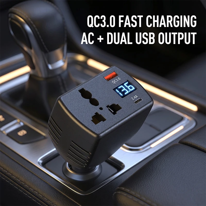 

Mini 150W High-Power Car Charger With Super Fast Charging QC3.0 Type-C Ports Multifunctional Inverter & Voltage Digital Display