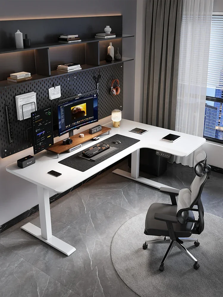 

Усовершенствованный белый угловой электрический подъемник L-образной формы из цельного дерева, офисный угловой настольный компьютерный стол