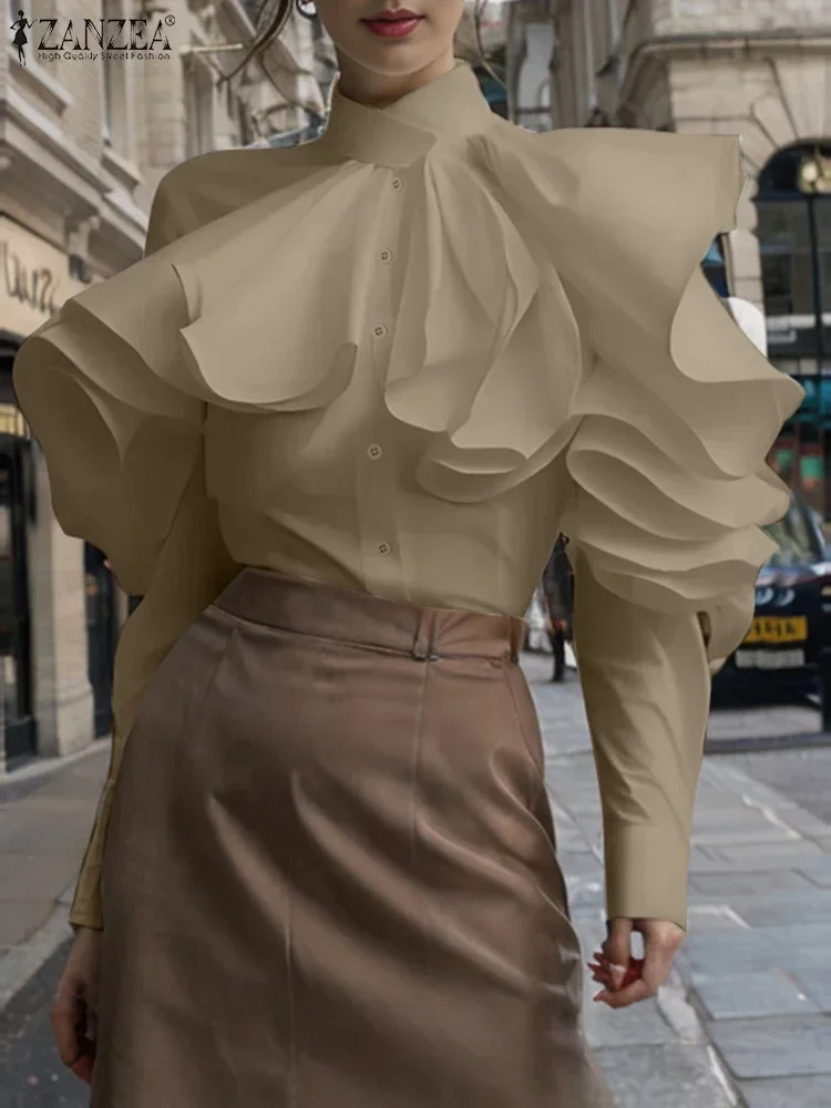 ZANZEA 2025 Fashion Vintage Solid Office Blouse Women Ruffled Street Shirts Spring Long Sleeve Tops Casual Loose Buttons Tunics