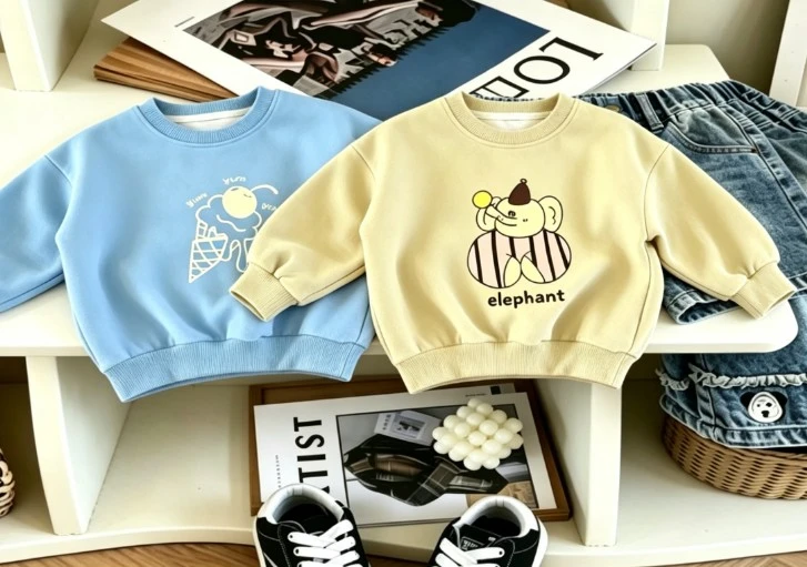 Korean Style Kids Ice Cream Bird Elephant Print Sweatshirt Soft Cotton Crew Neck Pullover Tops For Kids Simple Autumn Spring Top
