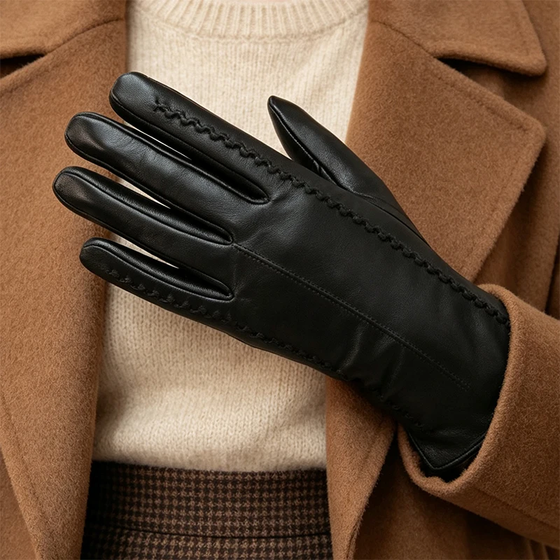 Women's First-Layer Sheepskin Autumn and Winter Warm Gloves with Fleece Lining, Touch Screen Compatible, Suitable for Driving, Soft and Skin-Friendly, Fashionable and Warm Gloves