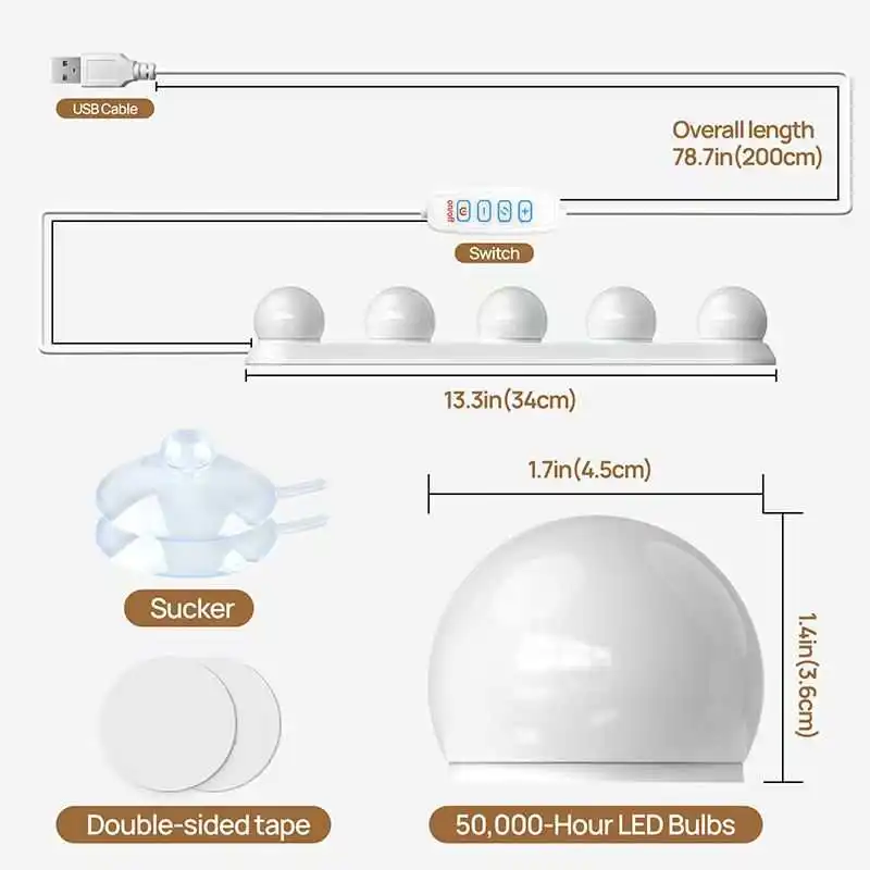 ضوء مرآة الغرور LED، سطوع قابل للتعديل بثلاثة ألوان، مصباح طاولة الزينة يعمل بمنفذ USB، مناسب لمرايا وخزائن الحمام