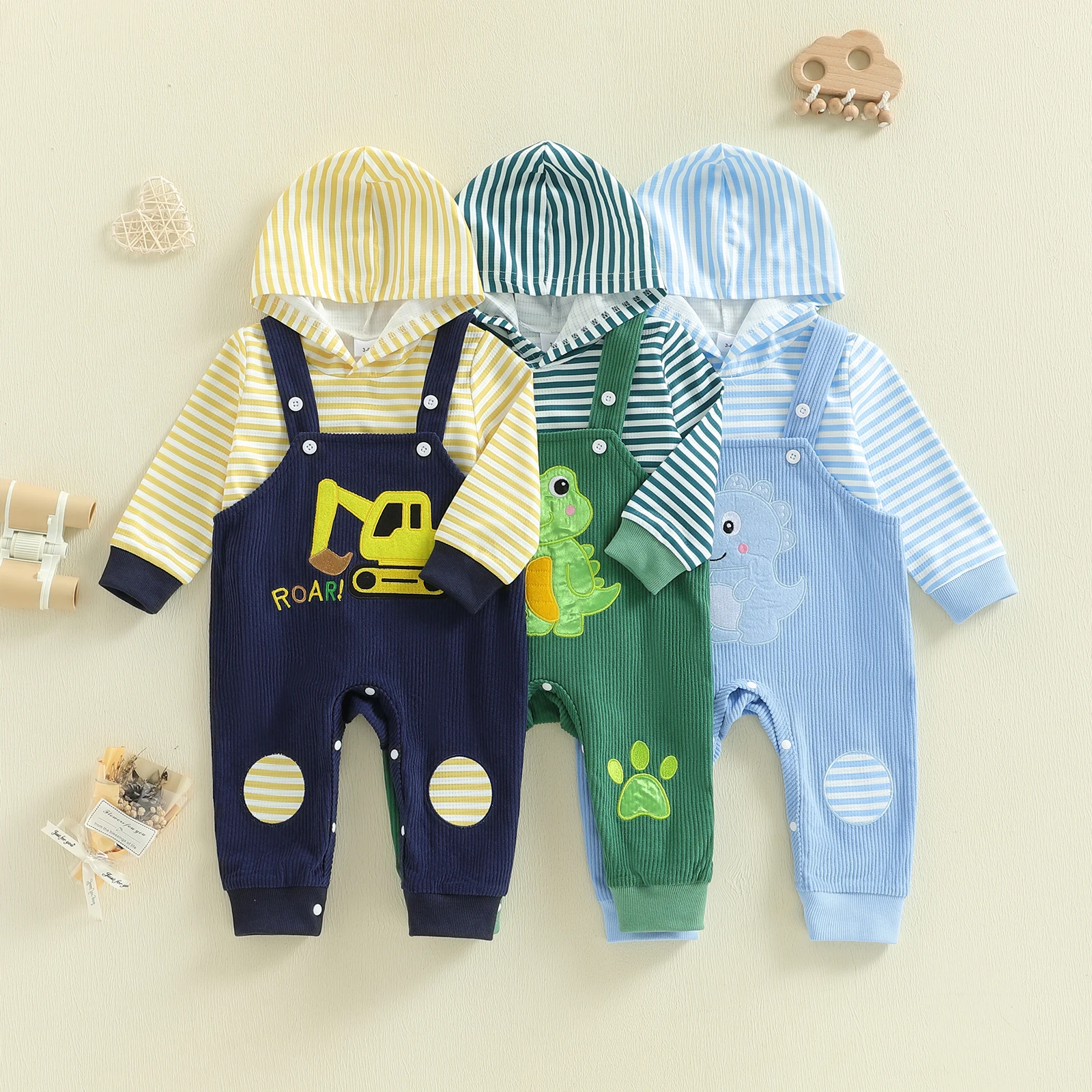 Toddler Baby Boy Spring Fall Outfit Striped Long Sleeve Hoodies T shirt Tops Excavator/Dinosaur Embroidered Overalls 2 Pcs Set