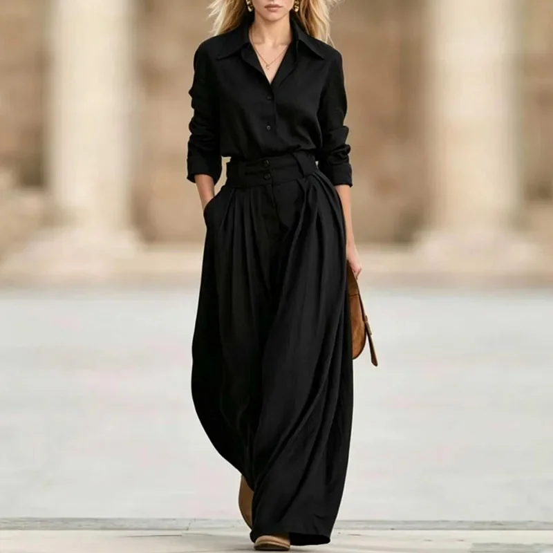Casual Vintage 2pcs Sets Ladies Solid Pockets Button Tops & Wide Leg Trousers Suit New Autumn High Waist Bohemian Office Outfits