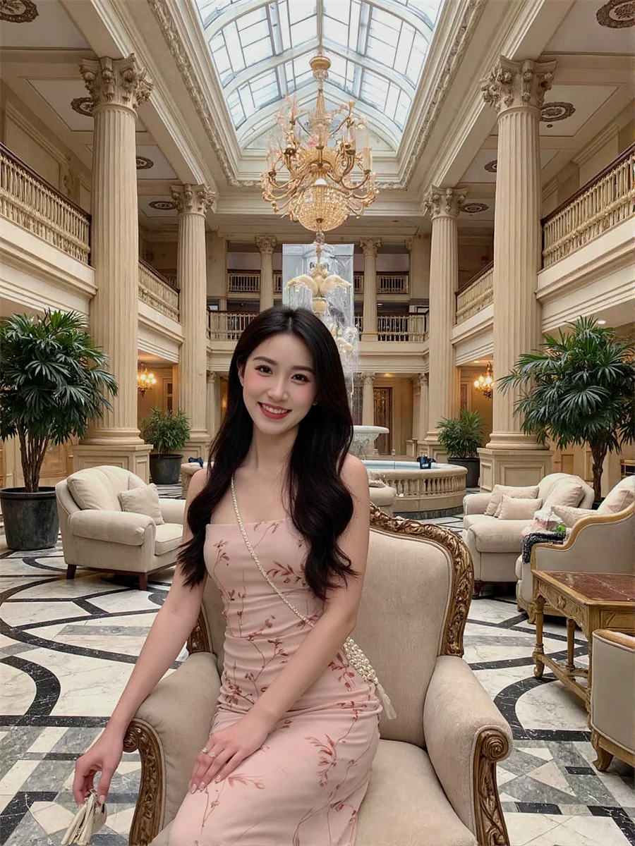 Sukienki damskie Y2K różowe dopasowane do kostek w stylu chińskim plisowane ręcznie plisowane falbany marszczenia smocking warstwy