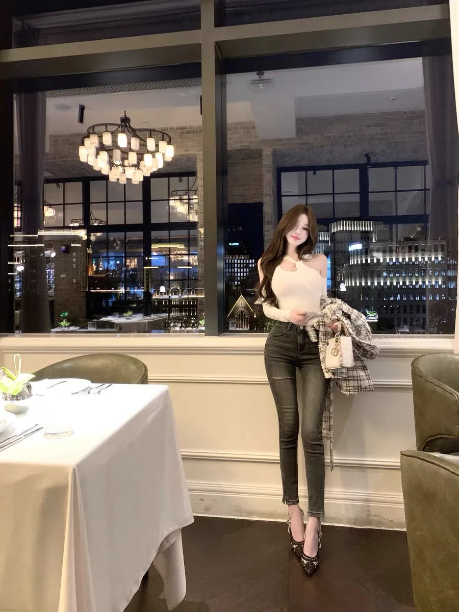 

High Waist Elastic Slimming Pencil Jeans Dongda Gate Guse New Sle Butt Lifting Hole Design Cotton Stretch Denim Jeans