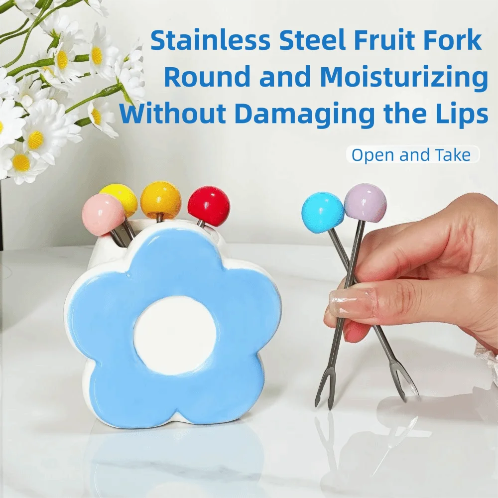 

Portable Stainless Steel Fruit Fork Flower Shaped Reusable Dessert Forks Comfortable Grip Decorative Colorful Fruit Fork Set