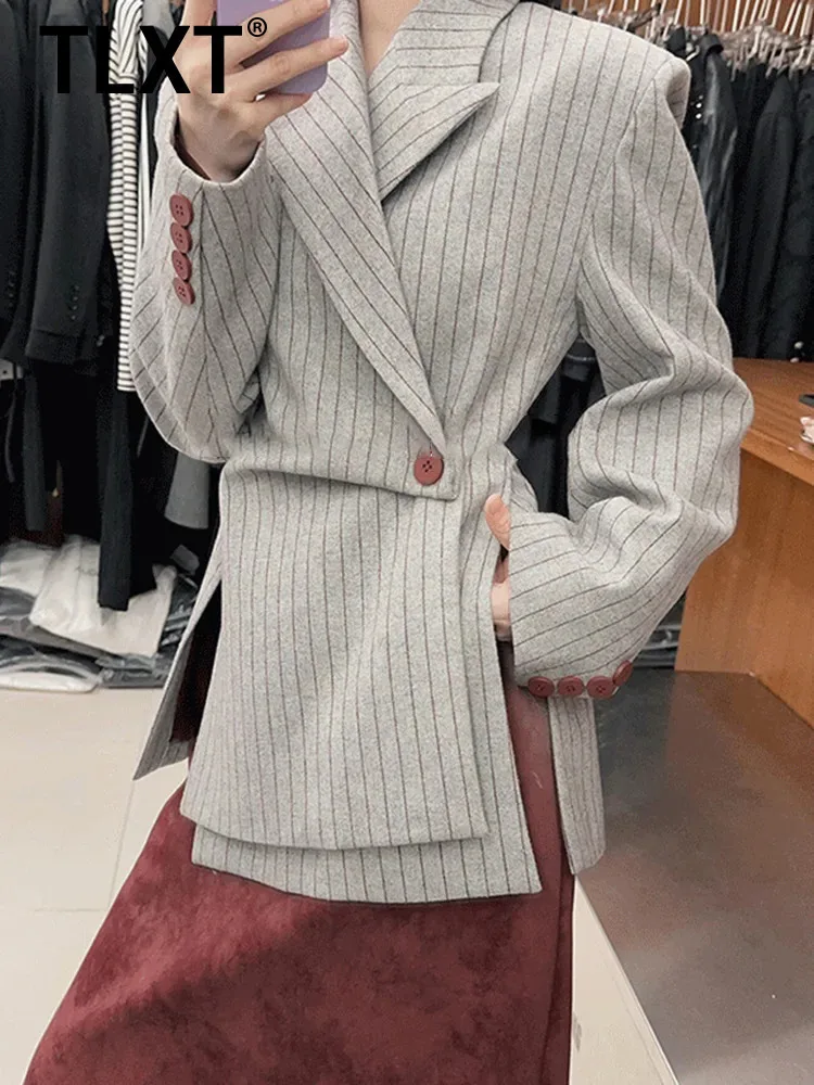 

TLXT Striped Printting Asymmetrical Chic Blazer For Women Notched Collar Long Sleeve Slimming Blazer Female Fashion New XK896