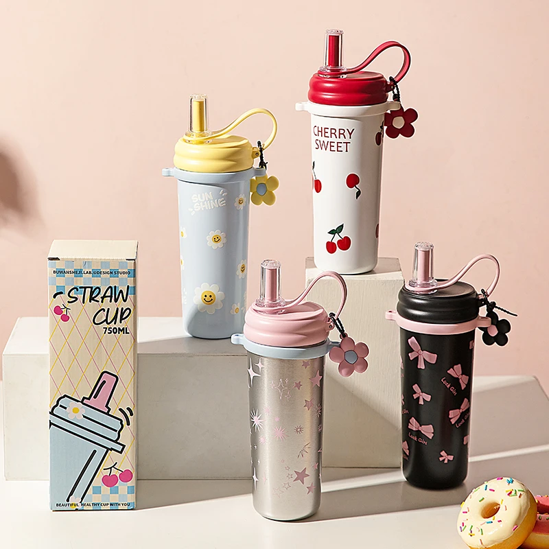 

750ml Straw Leakproof Water Bottle Stainless Steel Insulated Coffee Cup, Creative Thermal Mug for Home Office Outdoor