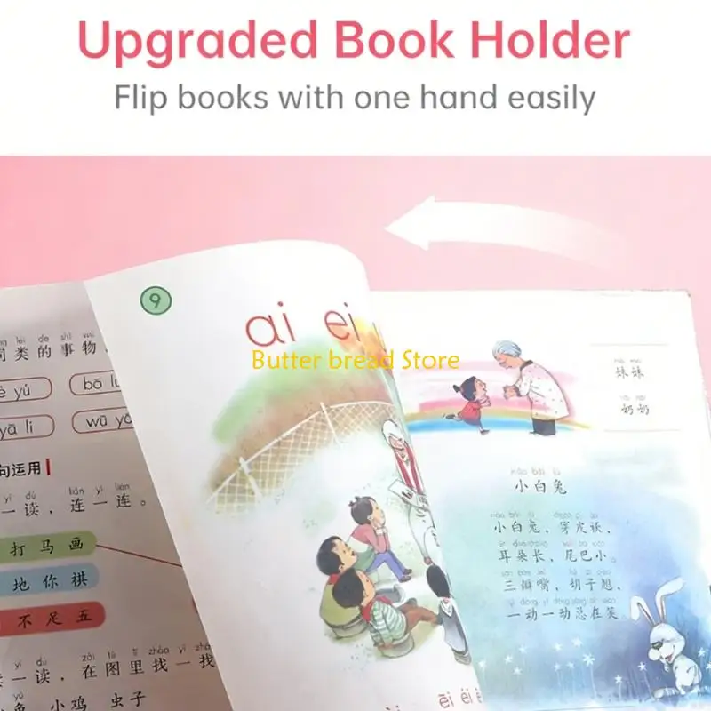 W89C Folding Plastic Reading Stand Adjustable Textbook Stand with Paper Clip Extendable Arm for Cookbook Tablets Music Score