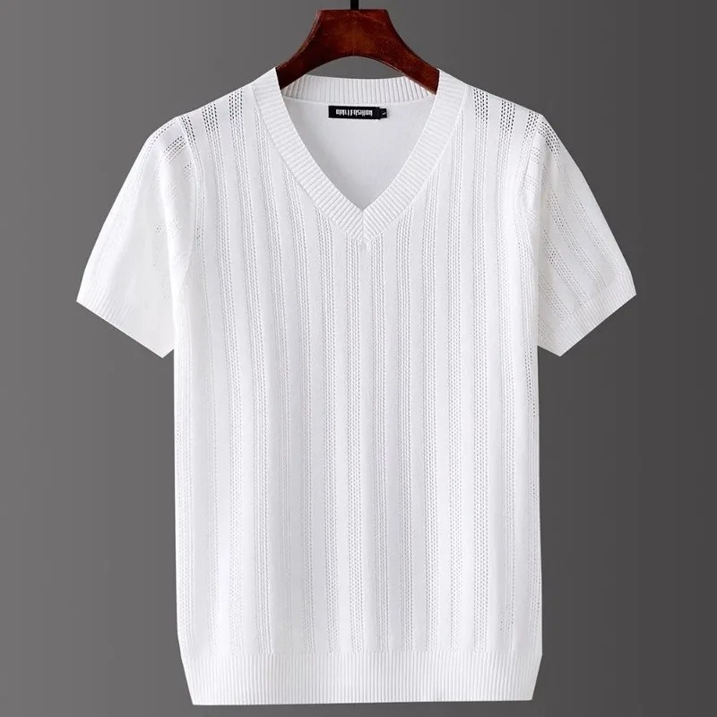 

Men's V-neck Ice Silk Knit T-shirt Breathable Hollow Out Short Sleeve Plus Size Casual Top