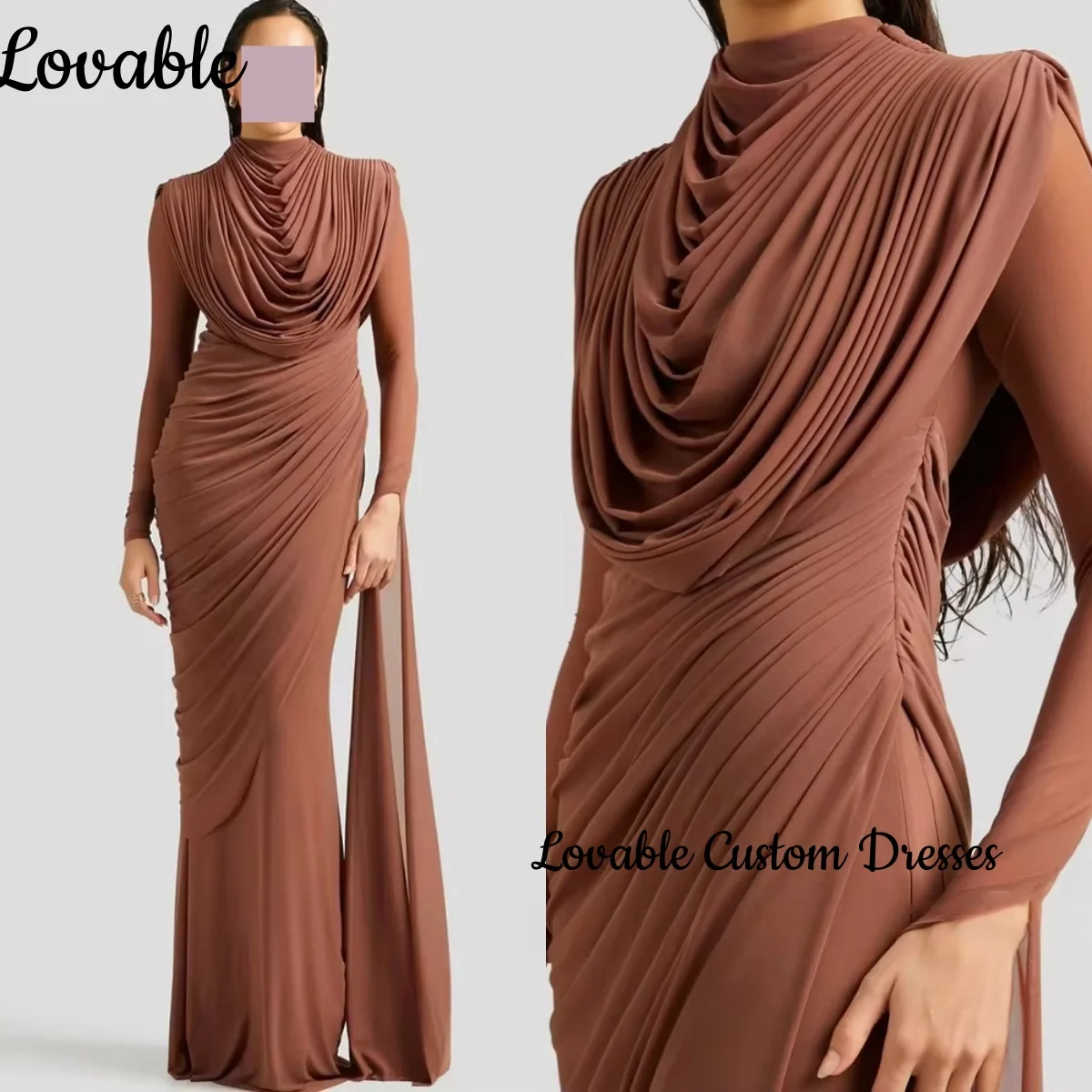 

Элегантное вечернее платье-футляр с капюшоном длиной до пола, свадебное платье с рюшами на молнии, шифоновое платье с длинными рукавами, Vestidos De Fiesta