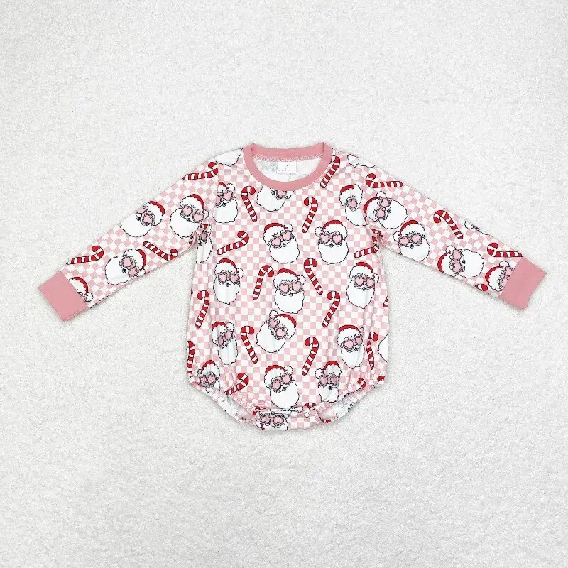 

8.20y Christmas baby boys romper wholesale boutique Santa cane pink and white plaid long sleeve onesie