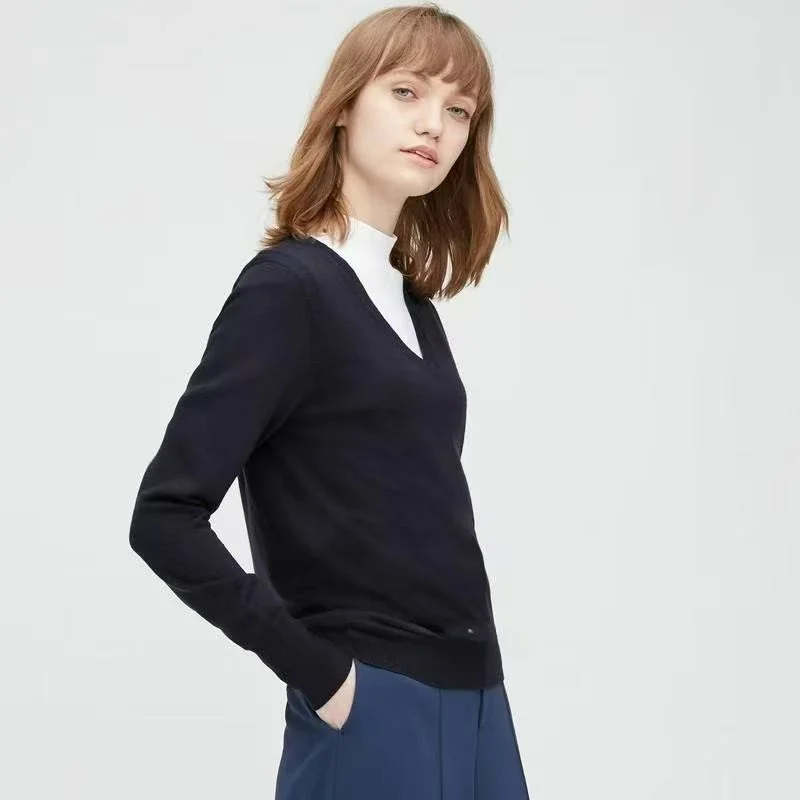 

Ultra-Fine Merino Wool V-Neck Knitwear 25A494 Island Country Style Simple Slim Fit Long Sleeve Regular Length Autumn Fashion