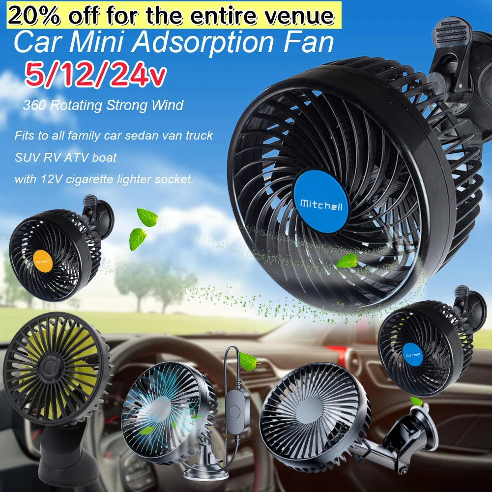 5/12/24V Auto Cooling Fan Single Head Solar Auto Ventilation Fan Strong Wind Electric Car Circulator Mini Car Fan Cooler for Veh
