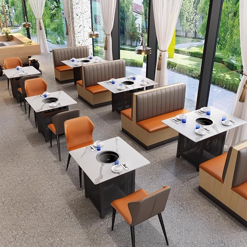 Custom Hot Pot Restaurant Table Chairs Built-in Induction Cooker Sintered Stone BBQ Booth Sofa Set Commercial Dining Furniture