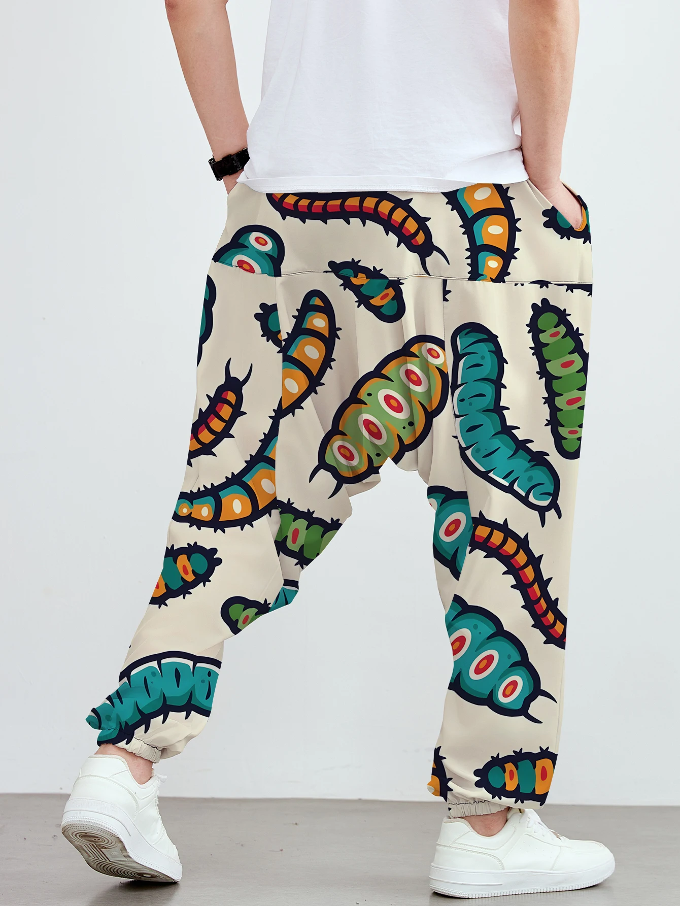 Men's ankle-length pants, featuring a cute caterpillar print, with a unique and fashionable pattern design. view 3