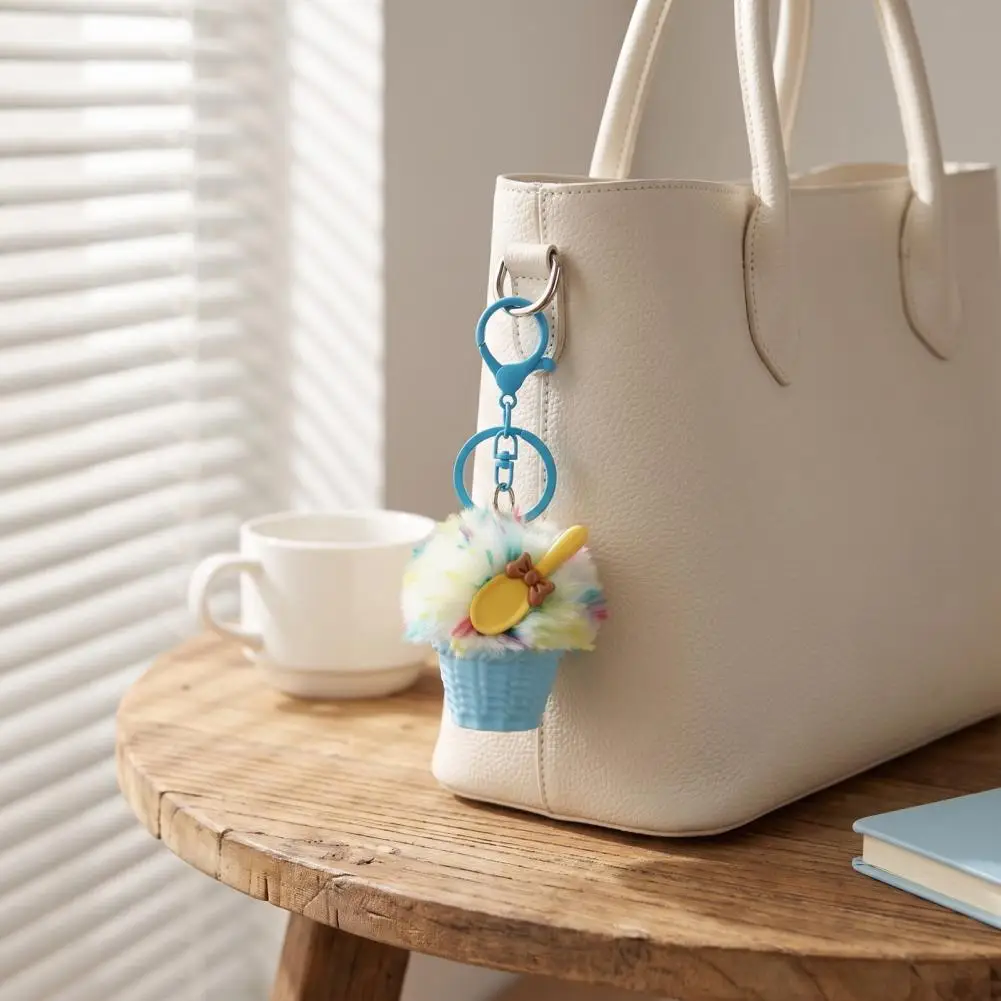 Fluffy Bag Charm Dessert Shape Pendant Plush Ice Cream Keychain with Spoon Fluffy Dessert Car Charm Decorative for Backpacks