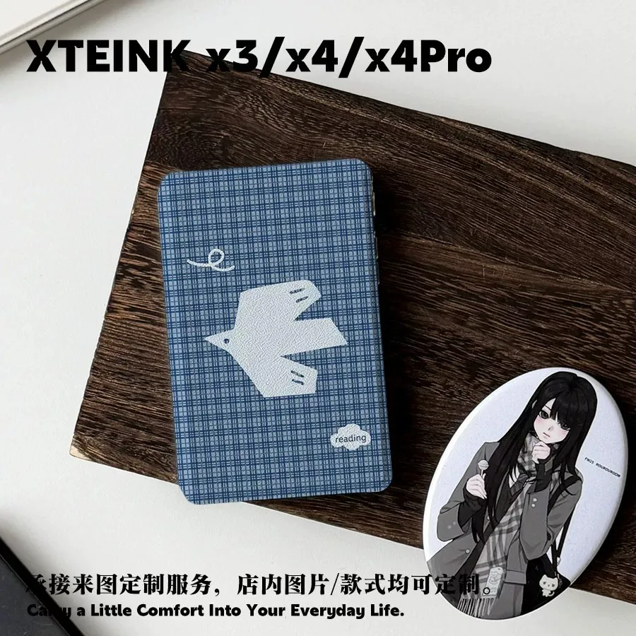 For XTEINK X3 X4 X4Pro E-Reader Grey Blue Plaid Pigeon Magnetic Detachable Protective Case TPU Inner Shell + Flip Folio Cover