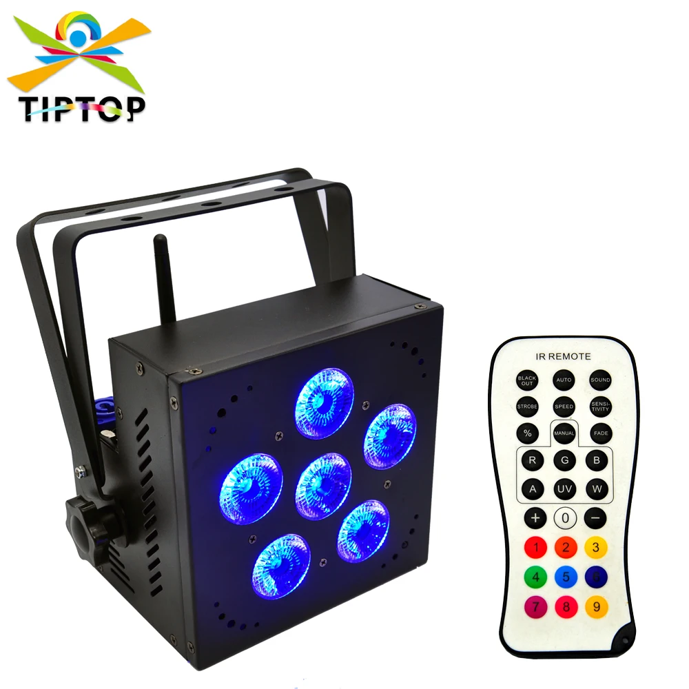 

TIPTOP TP-G3043-6IN1 RGBAW UV 6IN1 LED Flat Battery Wireless DMX Par Stage Light 6X18W 10000MAH Lithium Battery 6/10 Channels