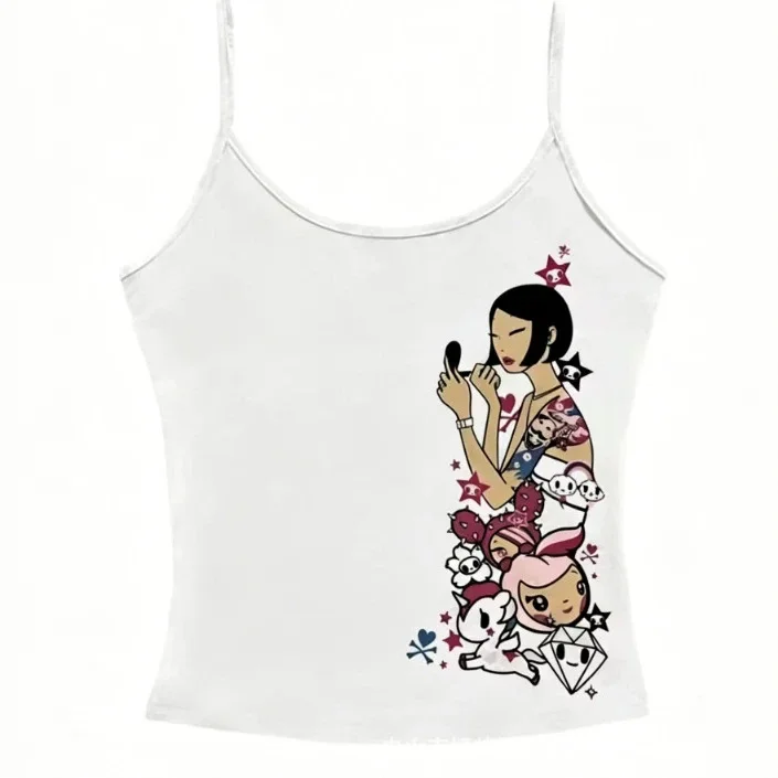 Women Y2K Cartoon Character Graphic Crop Cami Top Cute Unicorn Tattoo Girl Print Sleeveless Short Tank Streetwear