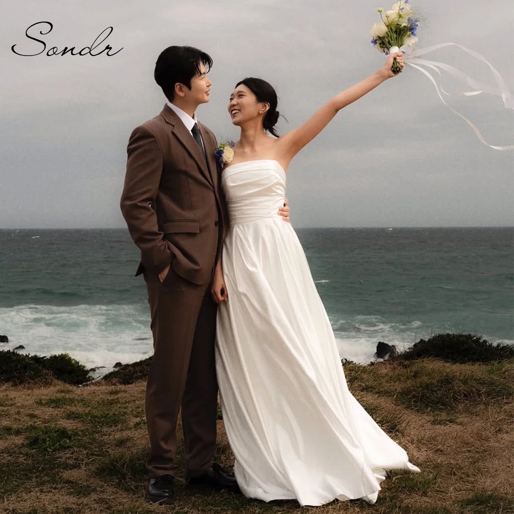 Sondr simples coreano vestidos de casamento sem alças vestido de noiva personalizado ao ar livre elegante uma linha vestidos de casamento snap