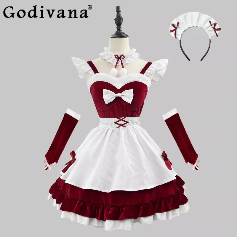 

L-5XL Plus Size Red Cute Maid COS Uniform Christmas Lolita Dress Girl Temperament Sweet Bow Lace-up High Waist Backless Dresses