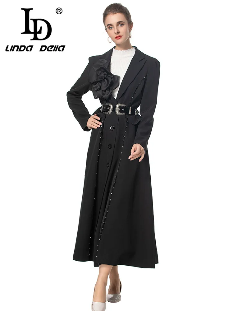 LD LINDA DELLA Women's Fashion Coat Autumn and Winter Long Sleeved Single-Breasted Sashes Slim Streetwear Appliques Overcoat