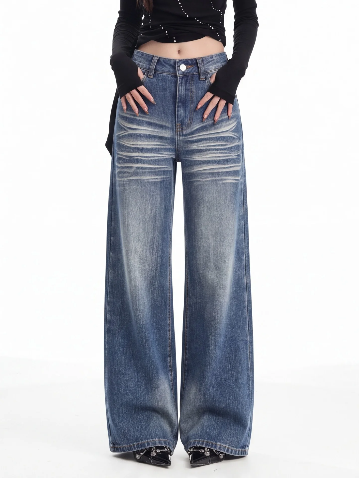 High Waist Wide Leg Vintage Washed Denim Jeans Women's Loose Fitting Floor Length Pants Ant Casual Straight Leg Cotton Jeans