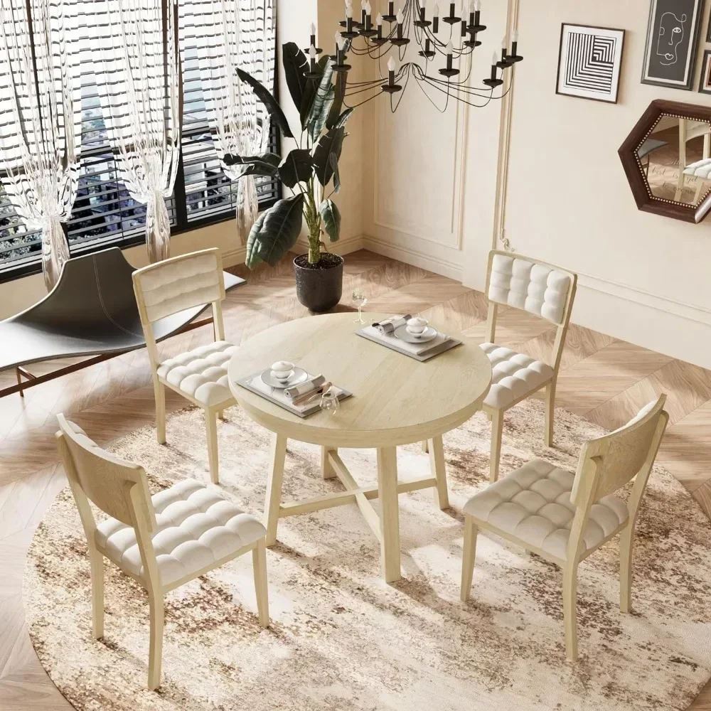 

A 5-Piece Round Dining Table Set for 4 Round Kitchen Table Set with 4 Chairs Dining Room Set with Cross Legs for Dining Room