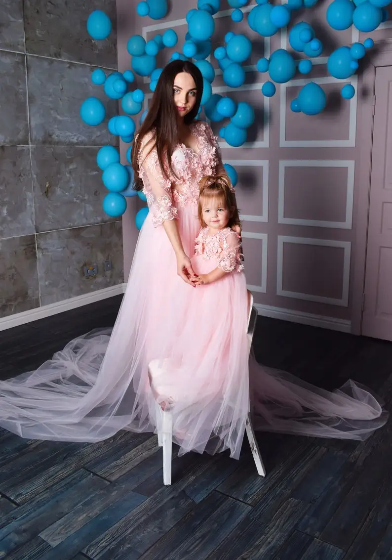 Baby Pink Lace Tulle Mommy and me Dress Elegant Mother Daughter Matching Dresses for photo shoot or First Birthday Party 2023