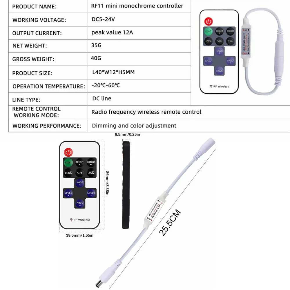 Mini11Keys RF Monochrome Controller Wireless LED Remote Control LED Dimmer DC Cable DC5-24V