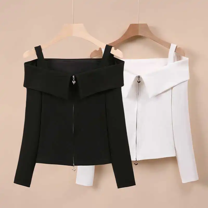 

New One Word Collar Off Shoulder Long Sleeve Zipper Slimming and Slimming Design Niche Top for Women's Outdoor Wear Trend