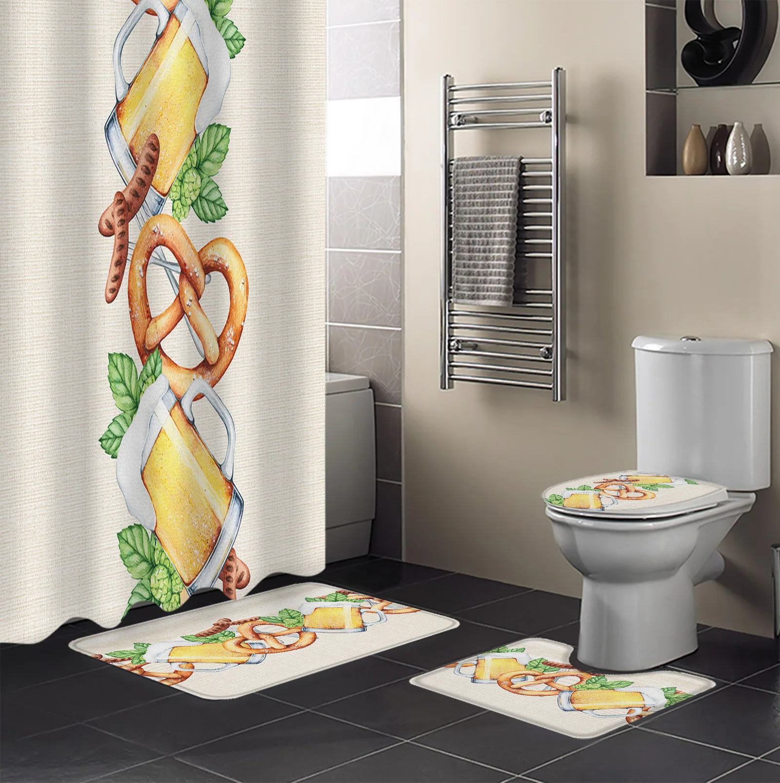 Oktoberfest Beer Bread Shower Curtain Non-Slip Rugs Toilet Lid Cover and Bath Mat Bathroom Curtains with Hooks