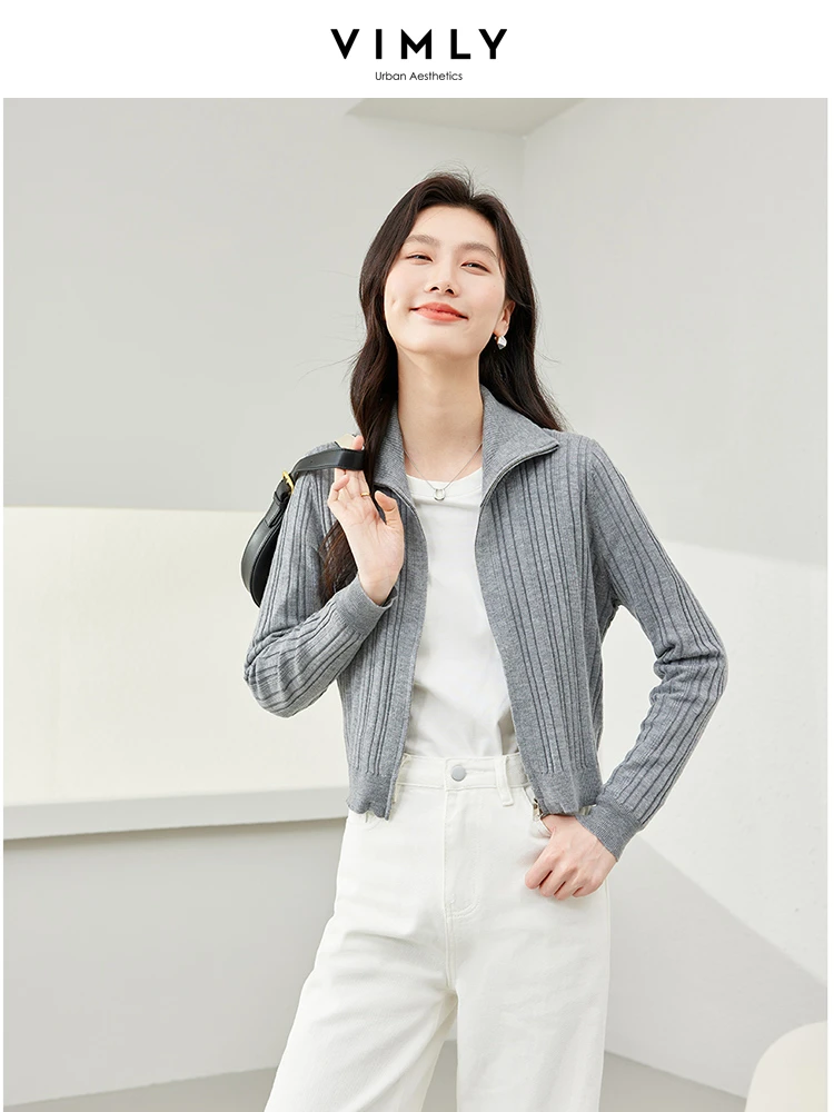 Vily misto lana Cardigan donna lavorato a maglia grigio 2024 primavera risvolto cerniera completa maglione lavorato a maglia morbido cappotto