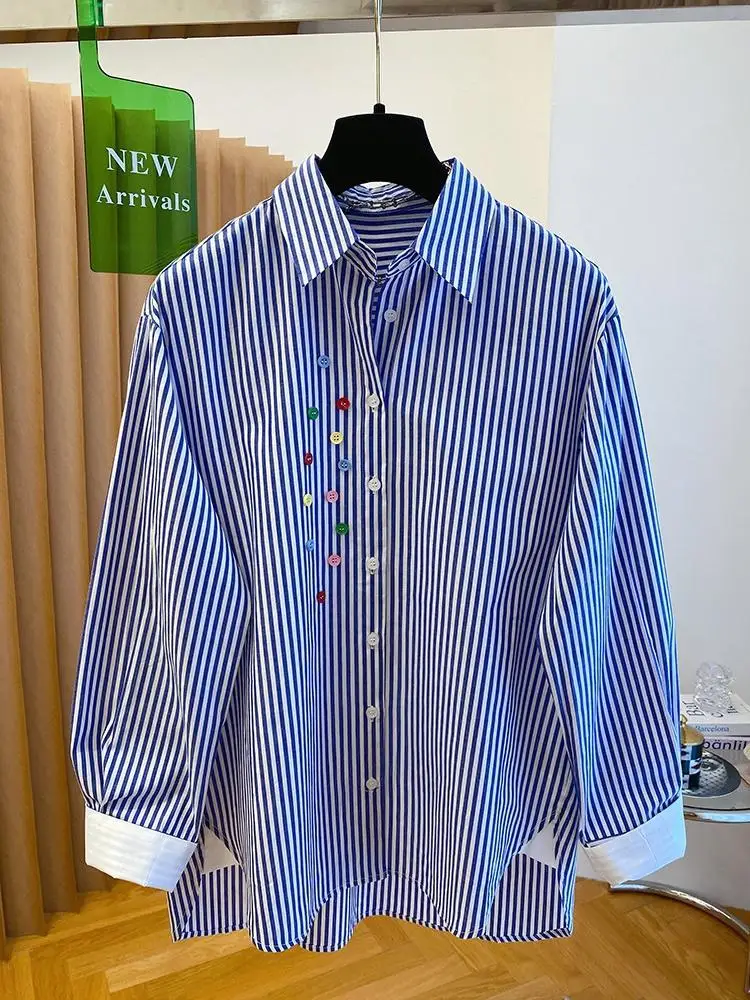 

Classic Blue Striped Shirt for Women Chic Colorful Button Design Single Breasted Long Sleeve Top Loose Casual Office Lady Blouse