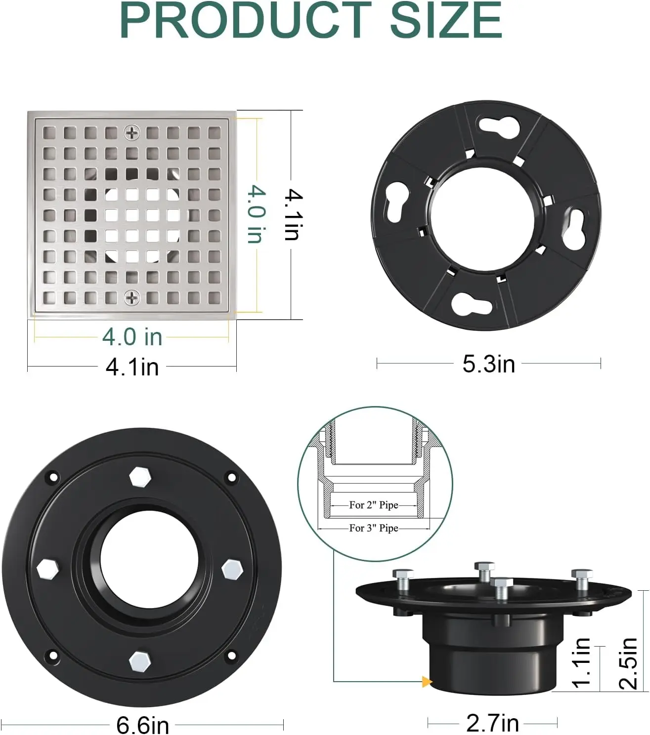 Modern Square Shower Floor Drain Flange SUS304 Stainless Steel CUPC Certification Brushed Nickel Hair Strainer Removable Grid