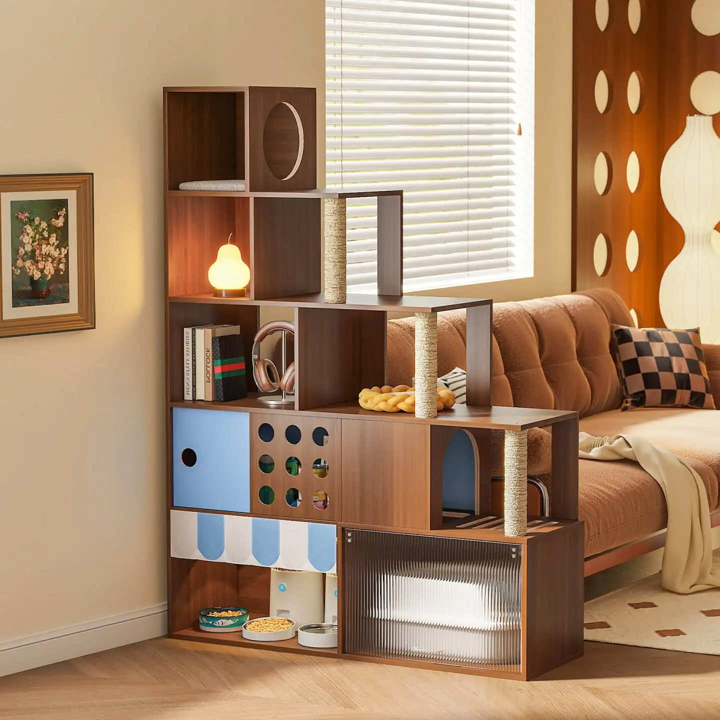 Multi-Functional Cat Tree with Scratching Post, Cozy Cat House, Feeding Station & Litter Box Enclosure, Small Space Design