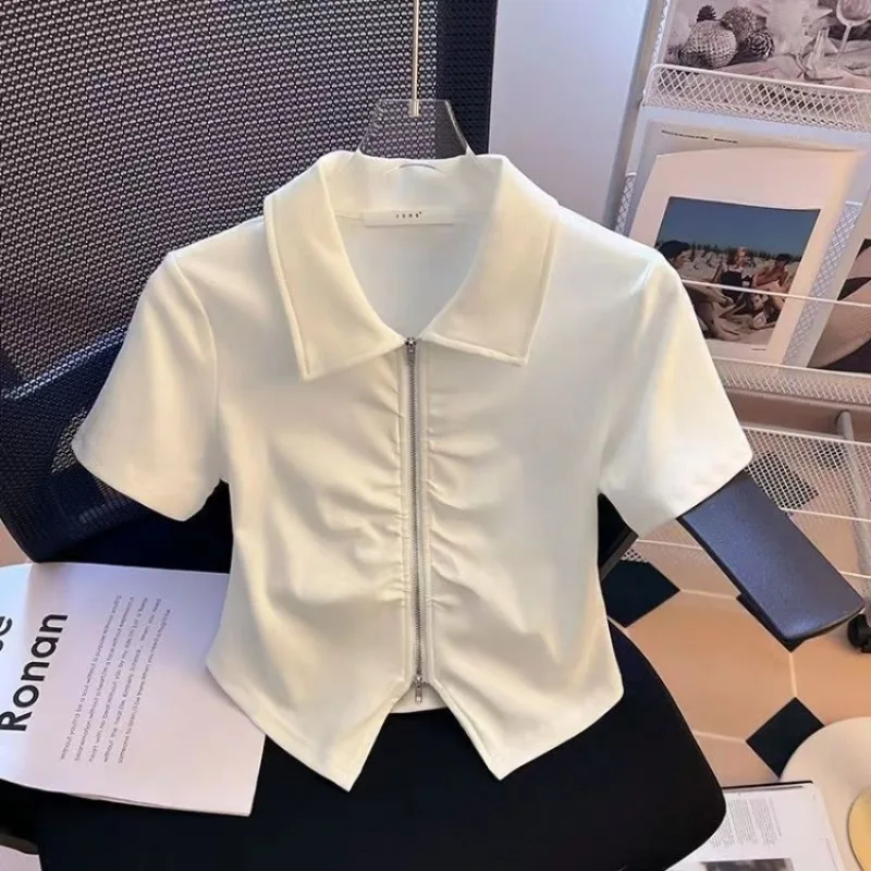 2026 Girls' Summer T-Shirt Unique Design Double Zipper Polo Collar Short Sleeve Small Batch