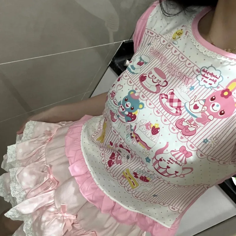 

Kawaii Lolita Y2k Розовая тонкая футболка в японском стиле Harajuku короткий топ с милым принтом оборками рукавами-фонариками женская одежда