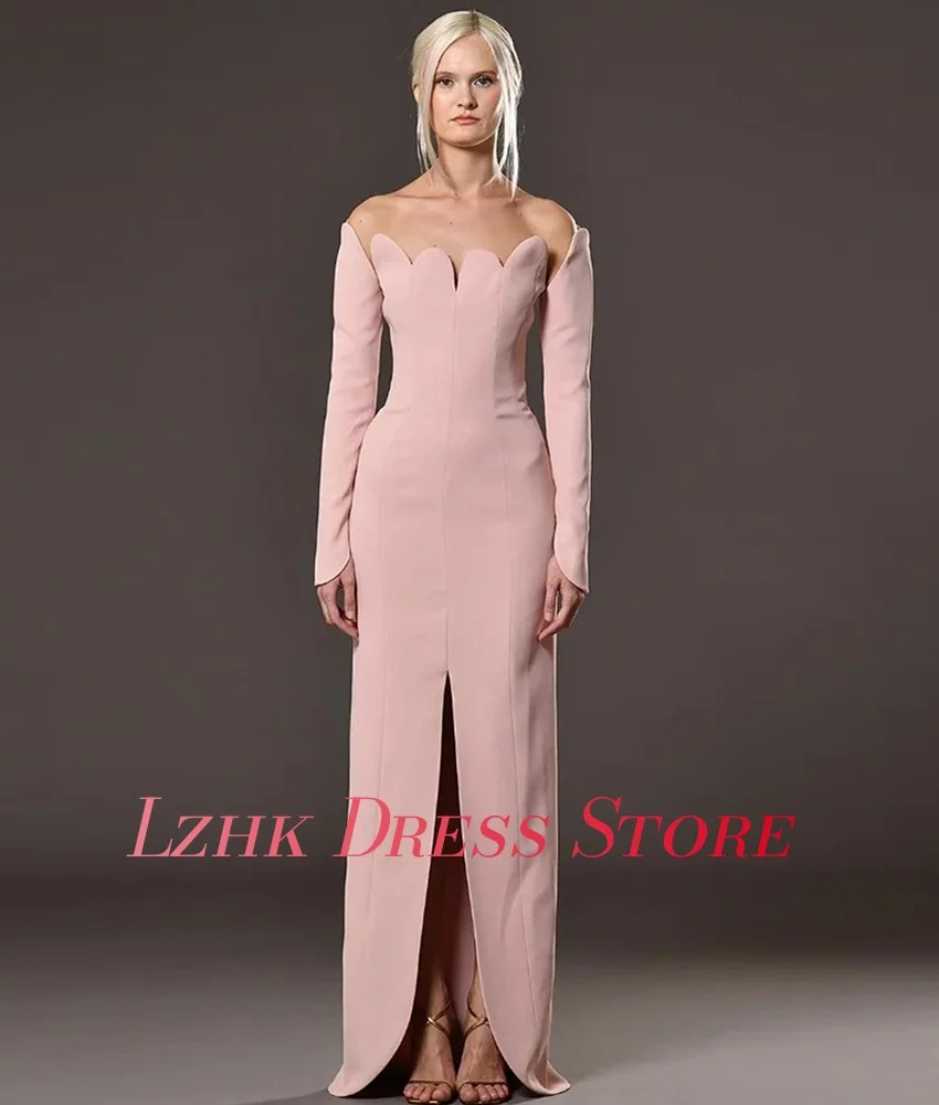 Abito da sera dritto con spalle scoperte in jersey con temperamento personalizzato Abiti da cerimonia su misura con maniche lunghe e scollo a barca di alta qualità