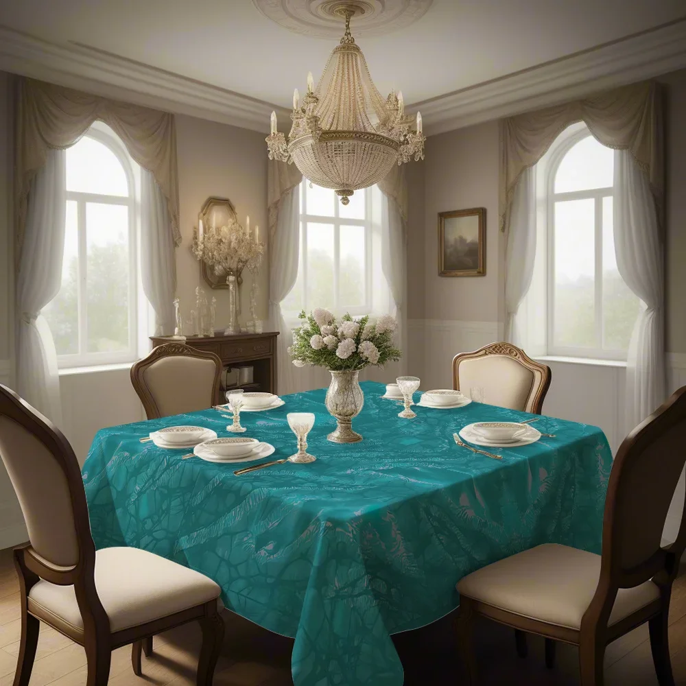 One green turquoise-patterned square tablecloth - Anti-wrinkle polyester material, yzb