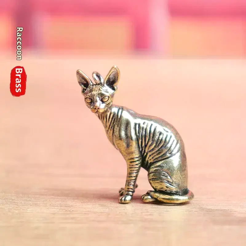 Solid Brass Hairless Cat Small Statue Desktop Ornaments Vintage Animal Figurines Model Lucky Home Decorations Crafts Accessories