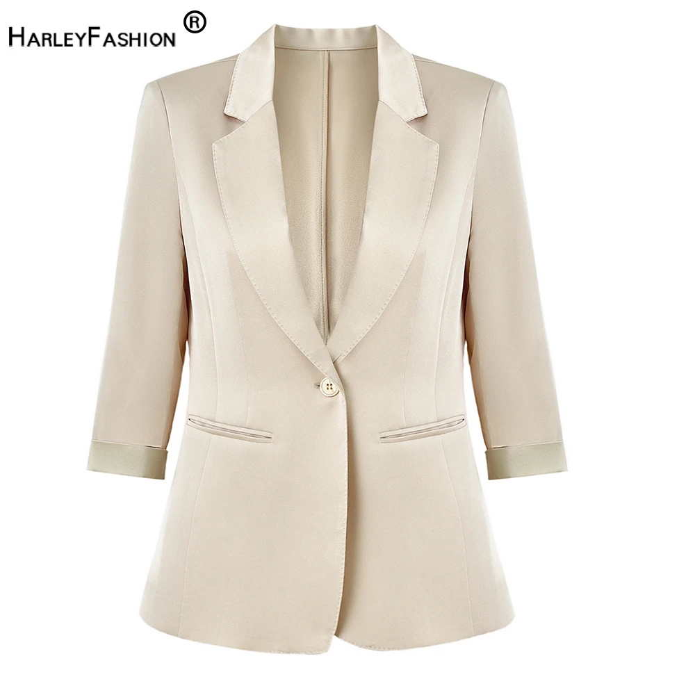 

Smooth Satin Summer Half Sleeve Thin Quality Fabric Cool 3 Colors Champagne/White/Black Loose Casual All-match Women Blazers