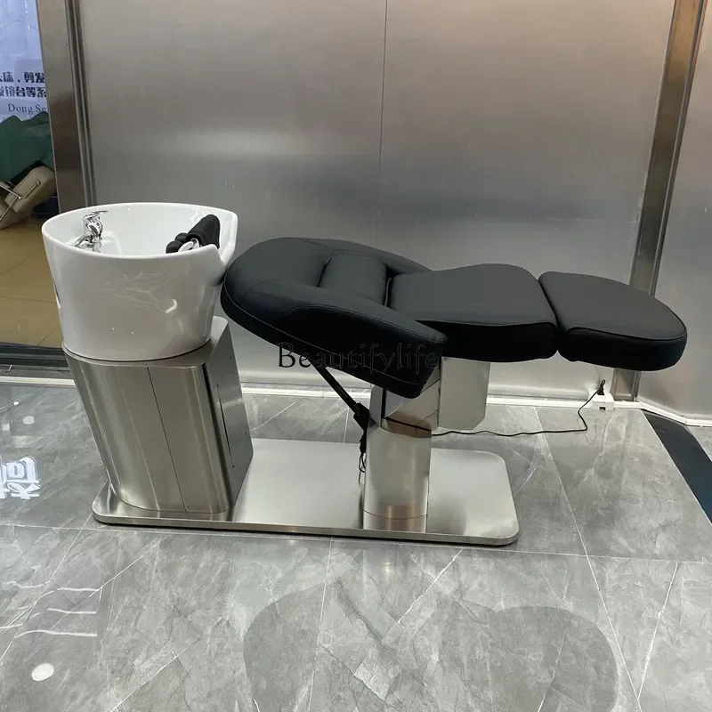 New High-End Electric Lifting Shampoo Chair for Hair Salon Half Lying Salon Bed Ceramic Basin