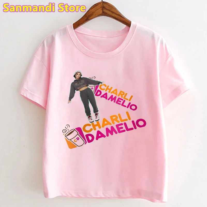 New  Hot Sale Dunkin Donuts Pink Tshirt for Girls Kids Clothes Charli Damelio Coffee Graphic Print T Shirt Summer Tops Tee Shirt