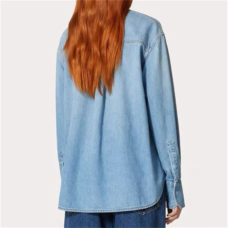 

Women's blouse 2024 Spring New Retro Washed Women's Shirts Pure cotton denim long sleeved top Thin coat with sequin decoration